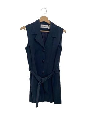 SILX 100% Silk Sleeveless Belted Trench Vest Blouse Button Front Navy - Size S